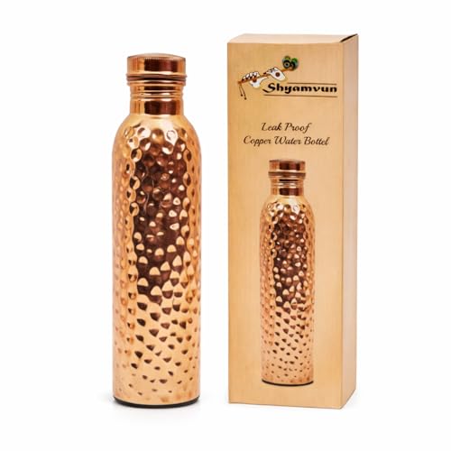 SHYAMVUN Hammered Copper Water Bottle 1 Liter / 34 Oz Extra Large - an Ayurvedic Pure Copper Vessel - Drink More Water, Lower Your Sugar Intake and Enjoy The Health Benefits Immediately