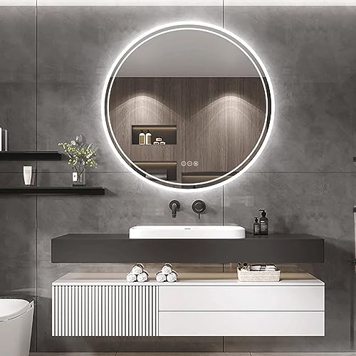 Billg Espejo de baño Redondo con retroiluminación LED, 60 cm de diámetro, Espejo de baño LED Inteligente con Pantalla táctil,Brillo Regulable, Espejo de Maquillaje montado en la Pared