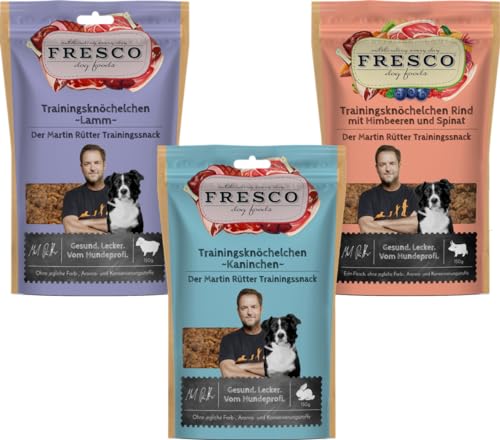 Fresco Martin Rütter Trainingsknöchelchen Probierpaket | je 1x Rind, Lamm & Kaninchen | 3 x 150 g | Natürlicher Monoproteinsnack | Leckerer Snack für Hunde