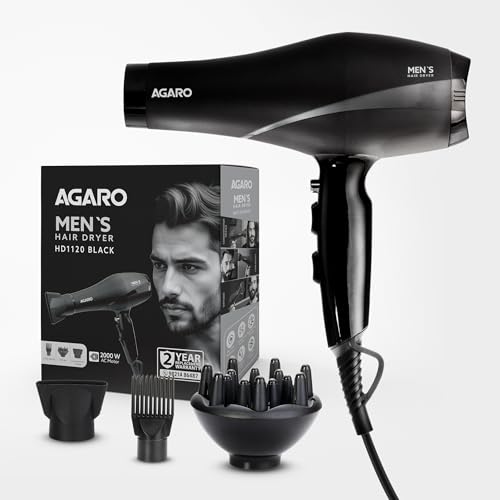 AGARO 2000W AC Professional Hair Dryer with Comb, Concentrator & Diffuser Nozzles, Hot & Cold Air, 2 Speed & 3 Temperature Settings with Cool Shot, 16A Socket, Hair Dryer & Blower for Men
