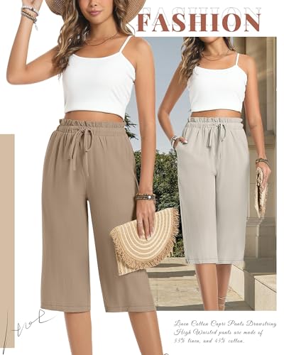 2 Pack Women's Wide Leg Linen Capri Pants Casual Cotton High Waist Cropped Palazzo Summer Trousers with Pockets4