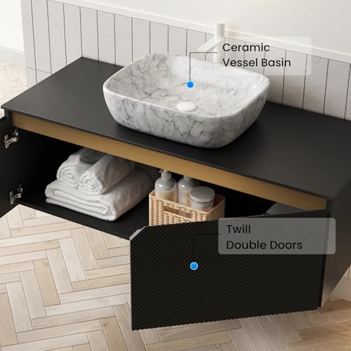 Image of Floating Bathroom Vanity with Sink, 48 inch Bathroom Storage Cabinet with Sintered Stone Countertop & Marble-Pattern Ceramic Basin, Modern Wall-Mounted Vanity with 2 Twill Pattern Doors, Black
