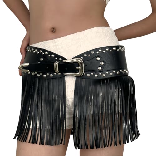 Women's Punk Style Long Fringe Belt – Black Elastic Waist Skirt with Studded Tassel Detail, Gothic Boho Western Cowgirl