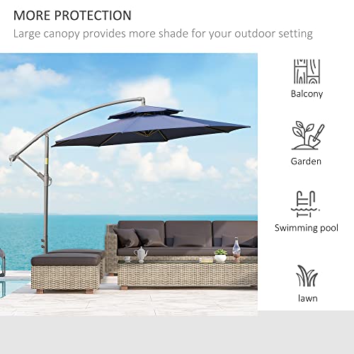 Outsunny 9' Offset Patio Umbrella With Base, Steel Hanging Cantilever Umbrella, 2-Tier Easy Tilt Polyester Shade, 8 Ribs, Crank, Cross Base, Dark Blue #TOP6