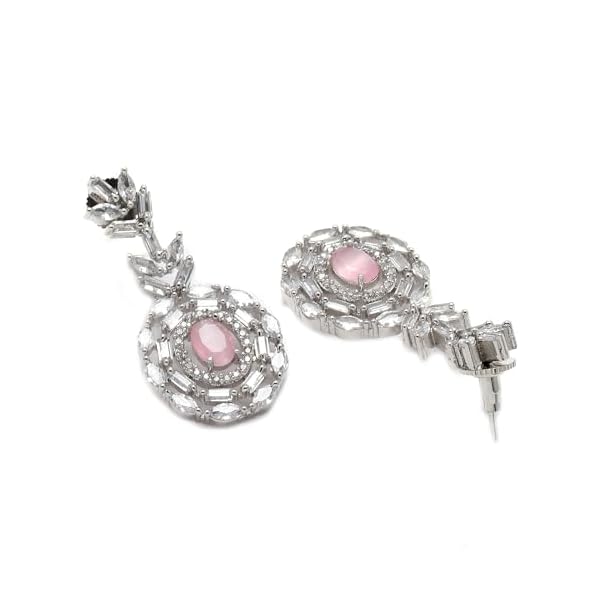 ZENEME Rhodium-Plated Silver Toned Square & Circular Shaped American Diamond Studded Necklace with Earring Jewellery Set for Girls and Women - Image 8