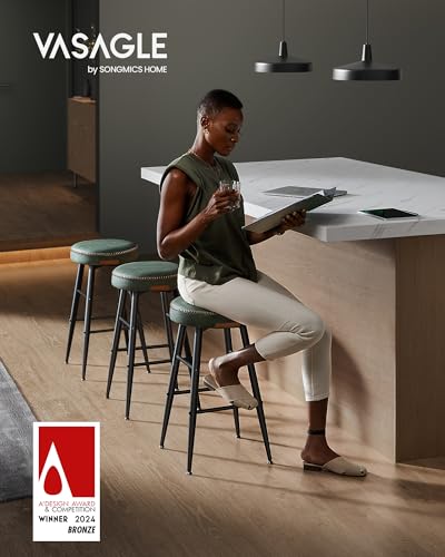 Image of VASAGLE EKHO Collection - Bar Stools Set of 2, Kitchen Counter Stools, Breakfast Stools, Synthetic Leather with Stitching, Mid-Century Modern, 24.8-Inch Tall, Home Bar, Forest Green ULBC080C01V1 | Breakfast Stools, Synthetic Leather with Stitching, Mid-Century Modern, Home Bar, Forest Green, EKHO Collection ULBC080C01