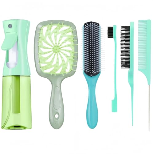 Hair Brush Set with Detangling Brush,Spray Bottle,3 Pieces Rat Tail Combs For Toddlers,Suitable for Pain-Free Brushing on All Wet or Dry Hair Types (Green)