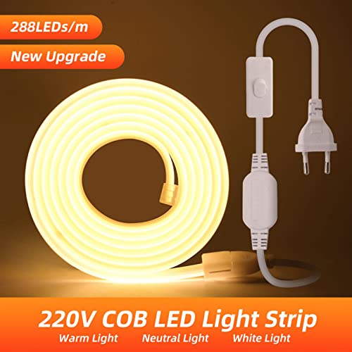 Wisada 220V LED Band 3M, 288 LEDs/m Flexible Hohe Dichte Warmweiß 3000K CRI≥85 FCOB LED Streifen, IP65 Wasserdichte Superhell COB LED Lichtband mit Schaltstecker für Schlafzimmer, Schrankbeleuchtung
