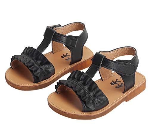 DADAWEN Girl's Summer Beach Water Sandals Soft Sole T-Strap Flat Sandal (Toddler/Little Kid) Black US Size 8 M Toddler