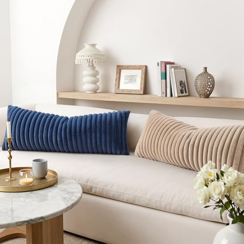 Image of decorUhome Fall Cozy Faux Fur Throw Pillow Covers 14x36 Pack of 1 Decorative Soft Plush Striped Lumbar Coastal Modern Farmhouse Boho Couch Pillow Cases with Velvet Back for Sofa Bed, Navy Blue