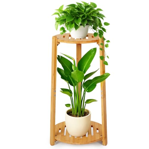 Jotboom Bamboo Plant Stand Indoor,2 Tier Round Plant Shelf for