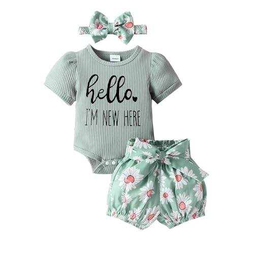 Adokioths Newborn Baby Girl Summer Clothes Infant Short Sleeve Letter Print Romper Bloomer Shorts Headband 3Pcs Cute Outfits (0-3 Months,Green)