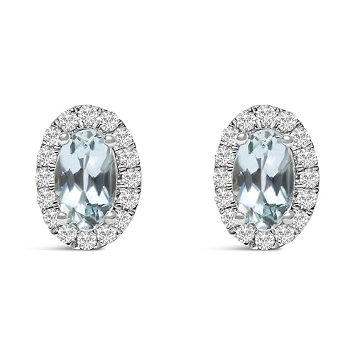 10K White Gold 5x3 MM Oval Cut Birthstone and Diamond Halo Stud Earrings (I-J Color, I1-I2 Clarity)