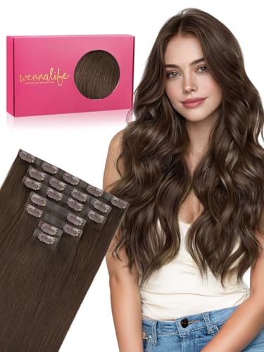 WENNALIFE Seamless Clip in Hair Extensions Real Human Hair, 20 Inch 120g Chocolate Brown Invisible PU Skin Weft, Natural Thick Real Hair Clip Ins for Women, Soft Blendable &amp; Reusable Remy Hair