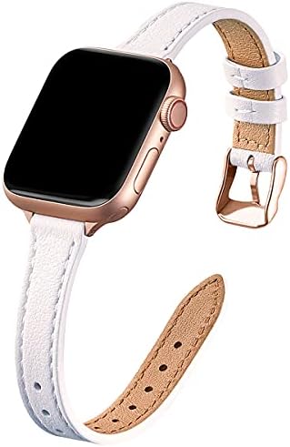 SUNFWR Compatible with Apple Watch Strap 38mm 40mm 41mm,Genuine Leather Strap Replacement,Slim&Thin Wristband for iwatch Series 7/6/5/4/3/2/1,SE(38mm 40mm 41mm,Black&Rosegold)