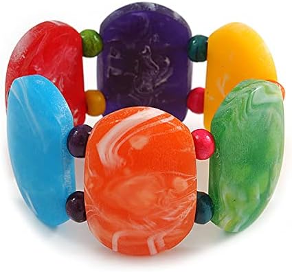 Avalaya Wide Chunky Multicoloured Resin/Wood Bead Flex Bracelet - M/L, yellow, red, orange, green, light blue, purple - Image 3