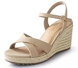 Ankis Wedge Sandals for Women, Nude Espadrille Womens Wedge Sandals Comfortable Open Toe Ankle Strap High Heel Wedges for Women Dressy Summer -3.4Inch