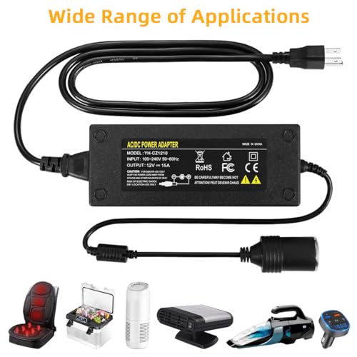 180W 15A AC to DC Power Adapter, 110V to 12V Converter with 7.2FT Cable, Car Cigarette Lighter Socket to Wall Plug for Car Refrigerator, Tire Inflator, Vacuum Cleaner and More by sunmeg - Image 5
