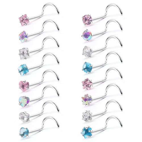 CrazyPiercing 20G Colorful Rhinestone Steel Screw Nose Rings Studs Bar Pin Piercing Jewelry