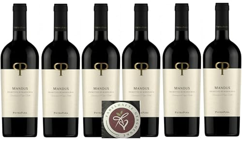 6 er Mandus Primitivo di Manduria DOC 2024 | Pietra Pura | Rotwein aus Apulien | trocken | 6 x 0 75l | mit Drop Stop Weinausgießer FABELHAFTE GESCHENKE