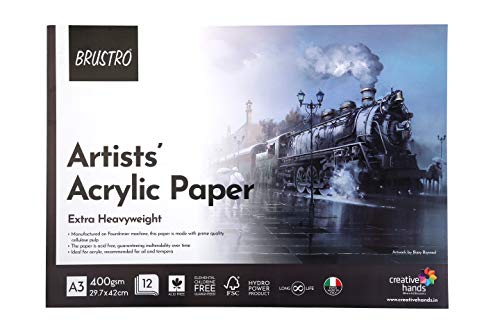 BRUSTRO Artists Acrylic Glued Pad | 400 GSM, A3, 12 Sheets | Ideal for Acrylic Painting, Oil & Tempera, Multipurpose Use for Students, Professionals.