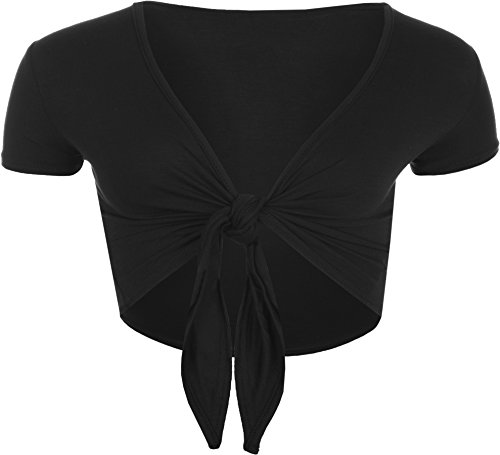 WearAll New Ladies Tie Up Shrug Crop Top Womens Short Sleeve Stretch Open Top Black 8/10