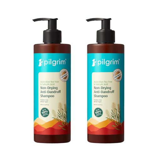 Image of Pilgrim Australian Tea Tree Non-Drying Anti-Dandruff Shampoo 400 ml (Pack of 2) with 0.01% Salicylic Acid | Removes Dandruff from Source | Helps with Itching, Irritation | Strong & Smooth Hair | For Men & Women