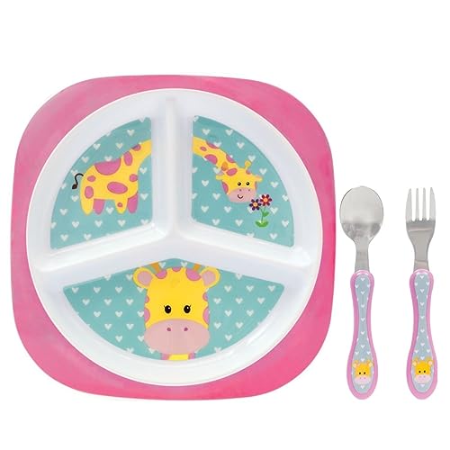 Kit Refeição Infantil 2 Peças Prato com Divisórias e Talher Inox Buba Animal Fun (Girafa)
