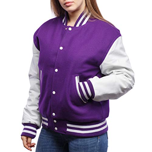Image of Varsity Base Letterman Jacket (Purple Wool, White Leather, Small)