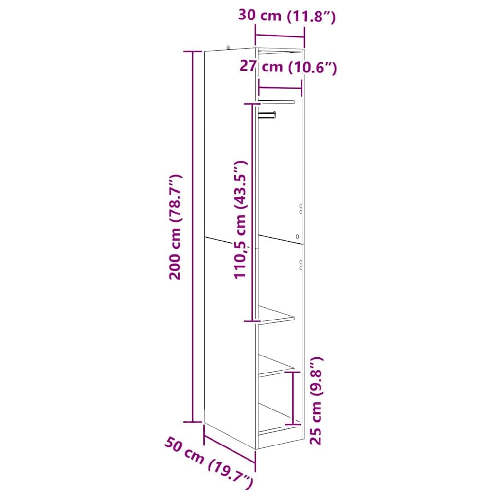 vidaXL Garderoba Czarny Dąb 50 x 30 x 200 cm Drewno inżynieryjne