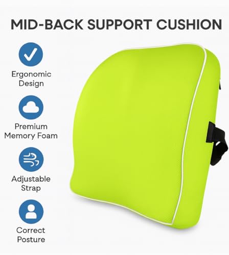 Image of Grin Health Back Support for Office Chair, Memory Foam Orthopedic Back Rest Cushion for Car, Back Pain Relief, Ideal Cushion for Spine Alignment and Posture Correction, Green