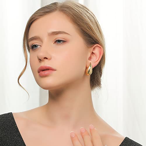 Chunky Gold Hoop Earrings For Women, Lightweight Earring Dupes Tear Drop Dangle Earrings 14K Gold Plated, Water Drop Earrings Fashion Trendy Hypoallergenic Jewelry (Gold) #TOP2