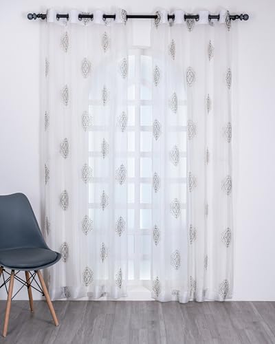 Image of (9 Ft Sheer Tissue with Embroidery Damas Design | Grommet Curtains Window Long Curtain | Window Curtain (Golden & Grey) | for Home | (Pack of 4) | 274 L X 121 W Centimeters