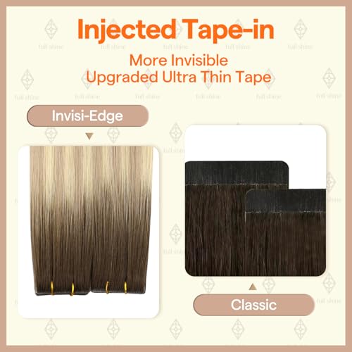 Image of Full Shine Virgin Human Hair Injected Tape in Hair Extensions,22 Inch 25g 10Pcs,Color 2 /18 /22 Brown to Ash Beach Blonde Ombre,Invisible Skin Weft Tape in Extensions for Natural Looking Length