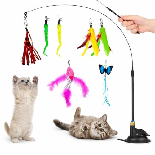 SKY-TOUCH 9in1 Interactive Automatic Cat Teaser Wand Toy with Strong Suction Cup Cat Feather Toys with 8 PCS Feather Replacements - with Bell Interactive Kitten Sticks for Indoor Cats