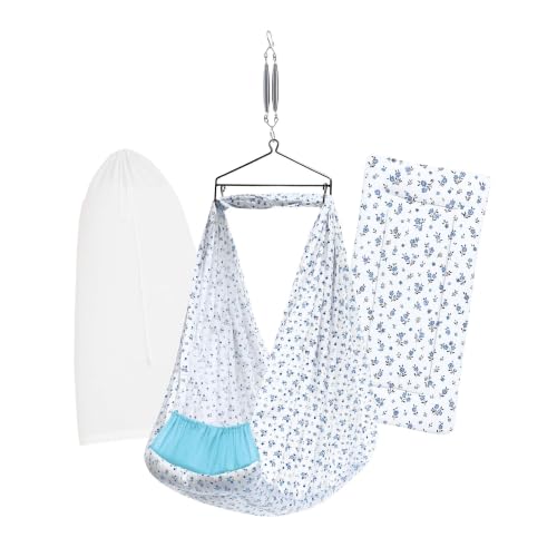 Image of Baby Swing Cradle (Jhula) for Newborns - Cloth Cradle with Removable Mattress, Mosquito Net, Spring & Triangle Hanger | Up to 15 kg | (Floral Blue)