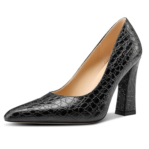 Castamere Womens High Chunky Block Heel Close Square Toe Pumps Slip-on Dress Office Casual Pumps Shoes 3.9 Inches Heels