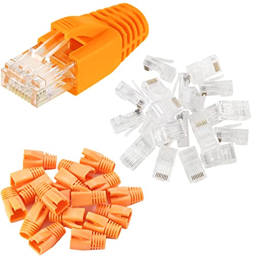 Greluma 25 Piezas Conectores CAT6 RJ45 Extremos de enchufe modulares - Conector Ethernet de crimpado de cable de red 8P8C (orificio de cable de 1,2 mm) con fundas de alivio de tensión