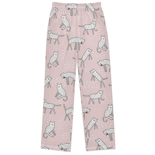 Boy's Pj Pants Adorable White Spot Cat Pink Lounge Bottoms Elastic Waist Kids Joggers with Pockets Size 6-14