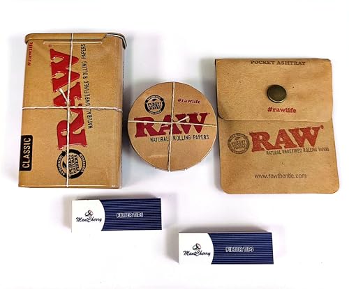 MontCherry tips & RAW Rectangular & Round Metal Cigarette Tin Case/Stash Case + Raw Pocket Ashtray Deal by Trendz