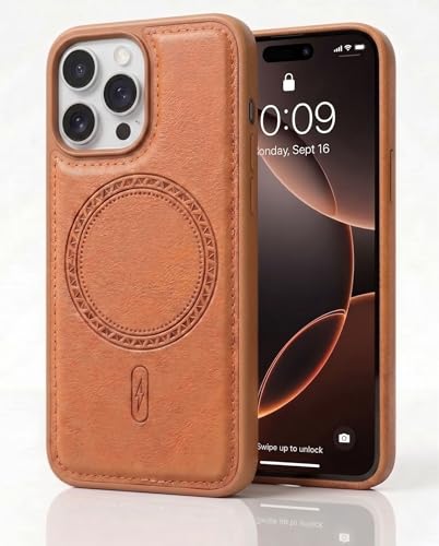 Image of amazon basics Premium PU Leather Case for iPhone 15 Pro Max, MagSafe Compatible Magnetic Ring, Sleek Protective Back Cover - [Tan]