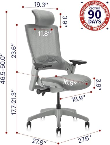 Image of CLATINA Ergonomic High Swivel Executive Chair Fabric Mesh Office Tables Chair with Adjustable Height Head 3D Arm Rest Lumbar Support and Upholstered Back for Home Office Conference Gray
