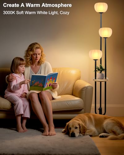 Image of Black Floor Lamp Dimmable Modern Floor Lamps with Pumpkin Lampshade & Table, 3000K Soft Warm White Bulbs Included, 3-Light Tall Standing Lamp with 5Lbs Heavy Base for Living Room /Bedroom
