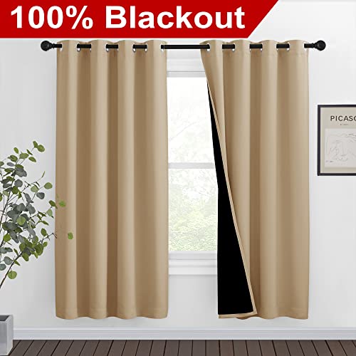 Image of NICETOWN Living Room Completely Shaded Draperies, Privacy Protection & Noise Reducing Black Lined Insulated Window Treatment Curtain Panels for Patio Door (Set of 2 Pcs, W46 x L72, Biscotti Beige)