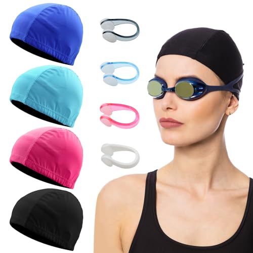 4 PCS Unisex Gorro de Natación Gorro Elásticos de Baño para Hombres y Mujeres, ScettarGorro Piscina Unisex Colorido Incluye 4 Piezas Nasales