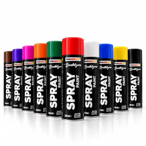 Bastelzone Zestaw farb w sprayu, 10 kolorów, 200 ml, każda szybkoschnąca puszka w sprayu graffiti do drewna, kamienia, metalu, szkła, czarny, biały, niebieski, zielony, czerwony, żółty, fioletowy