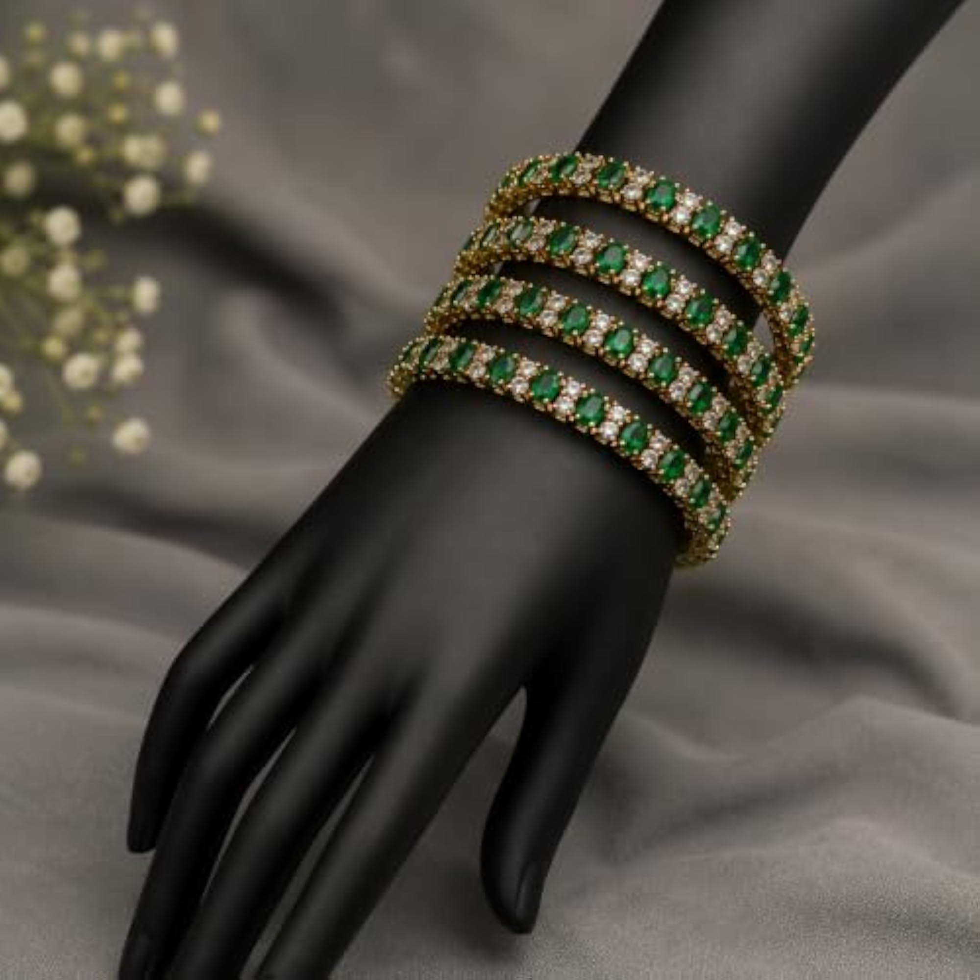 American Diamond Victorian Finish Green Stone Bangles Set
