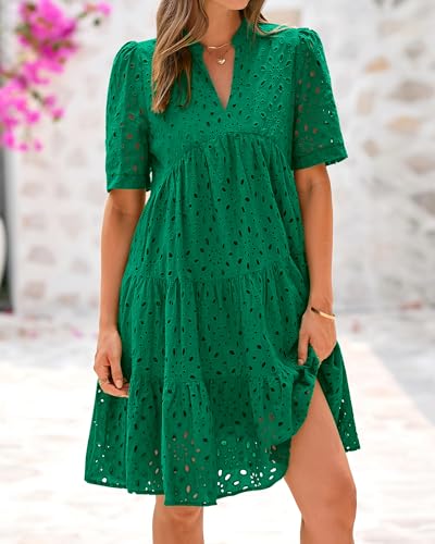 Image of BTFBM Womens Boho Summer Dresses 2026 Spring V Neck Short Sleeve Hollow Out Lace Ruffle Casual Beach Mini Vacation Dress