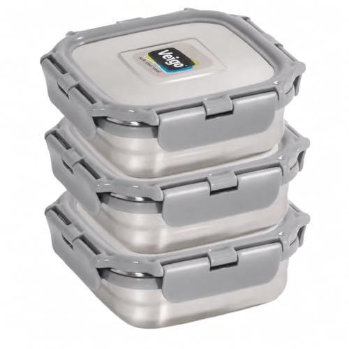 Image of Veigo Original Set Pack of 3 Stainless Steel Airtight & Leakproof Medium Lunch Box with Silicon Ring & Polymer Frame for Re-Heating|Safe Lid Lock|Square (330ML) Grey