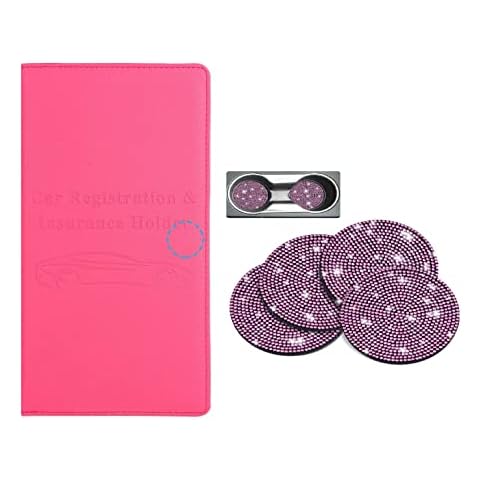 Cacturism 1 Pack Car Registration and Insurance Holder and 4 Pack Bling Rhinestone Car Coasters, Hot Pinkl Car Accessories Choice for Women Cover